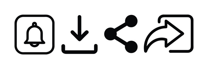 A row of four black icons: A bell symbol inside a square, A downward-facing arrow within a horizontal line, A share icon with interconnected circles, An arrow pointing to the right inside a square out