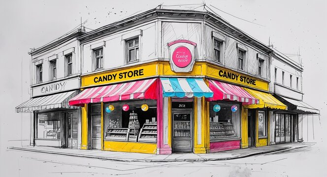 Colorful candy store shop building design in sketch hand drawing black and white on plain white background