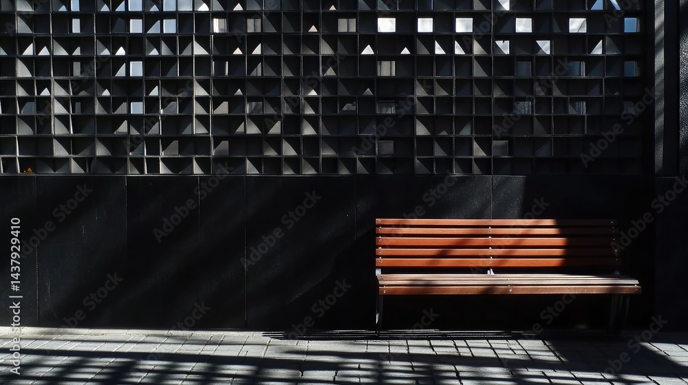 Aufkleber geometric patterns in shadow and architecture surround an understated wooden bench in an urban envir