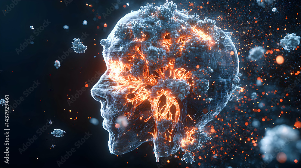 Poster digital artwork depicting a glowing brain structure with an explosion effect. great for science arti