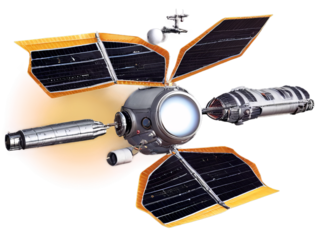 Detailed close up view of a high tech futuristic space satellite on transparent background with solar panel wings for interstellar exploration missions and science stock asset