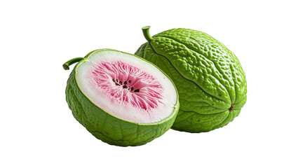 Whole and halved chayote fruits with pink interior isolated on black background