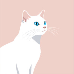 White cat with blue eyes vector portrait on pastel pink background. Minimalist design animal illustration