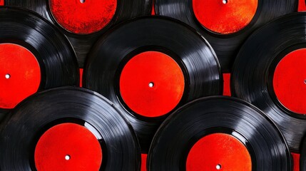 Close Up of Stacked Vintage Vinyl Records with Red Labels