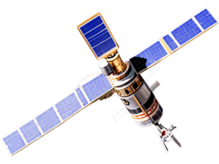Artificial satellite with solar panels on transparent background, space technology and research concept, isolated object for graphic design and educational content
