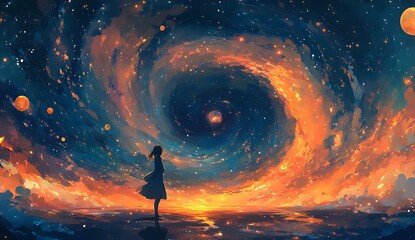 Naklejka premium A vibrant swirling vortex of colors and shapes, symbolizing the dynamic energy flow of a black hole, with visible planets and stars being drawn into its gravitational pull.