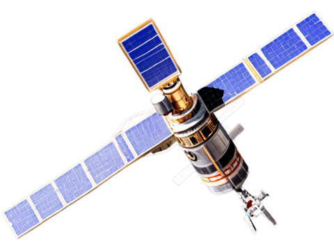 Artificial satellite with solar panels on transparent background, space technology and research concept, isolated object for graphic design and educational content