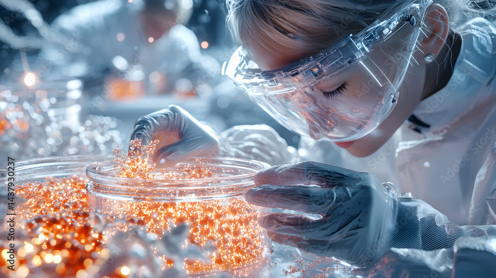 Poster a scientist in a lab examines sparkling particles. this image is suitable for research technology or