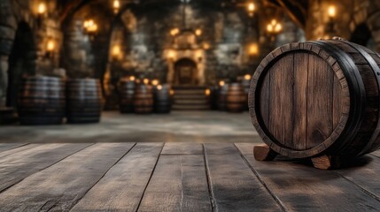 Wooden barrel on a table in a historic wine cellar