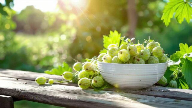 gooseberry in a white bowl on a wooden table, nature background. Selective focus