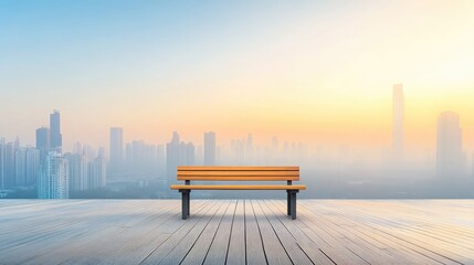 Isolated wooden bench at sunrise on a sleek platform with steel posts and distant urban architecture