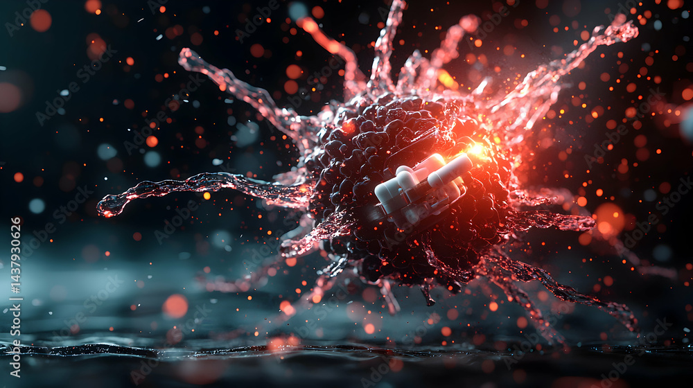 Poster artistic rendering of a microscopic world. a nanobot fights a pathogen. could be used for medical or