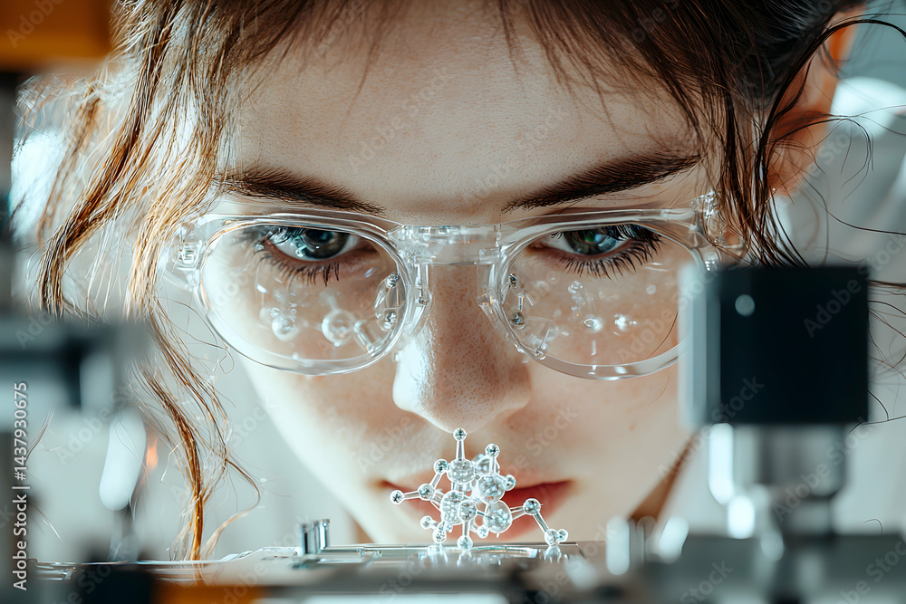 Poster a scientist examines a molecular structure. this image is suitable for science related articles educ