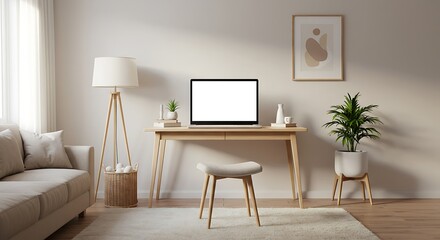 Cozy Neutral Living Room Setup Featuring A Laptop On A Minimalist Desk With Calm Decor And Ambiance