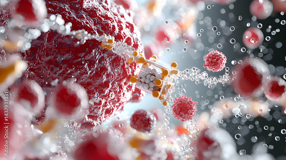 Poster microscopic medical rendering featuring cellular structures interacting with a delivery device. pote