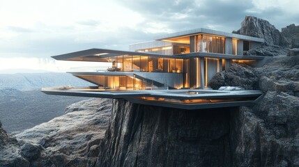 Luxury home on the edge of a steep cliff, with spacious terraces and sleek architecture, background wallpaper AI generated image