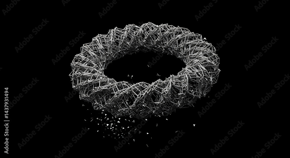 Poster abstract donut shape composed of geometric metallic elements on dark backdrop