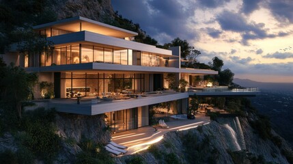 Obraz premium Luxury home on the edge of a steep cliff, with spacious terraces and sleek architecture, background wallpaper AI generated image