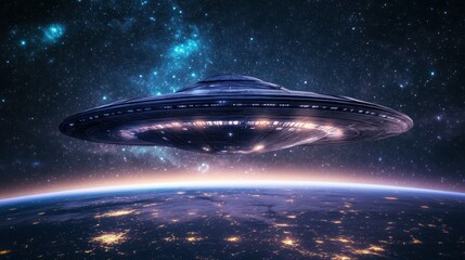 Obraz premium A huge alien ship floating above Earth, surrounded by a vast starry sky, background wallpaper AI generated image