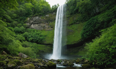 Obraz premium A serene waterfall surrounded by dense foliage, ideal for use in nature-inspired designs or as a calming visual element