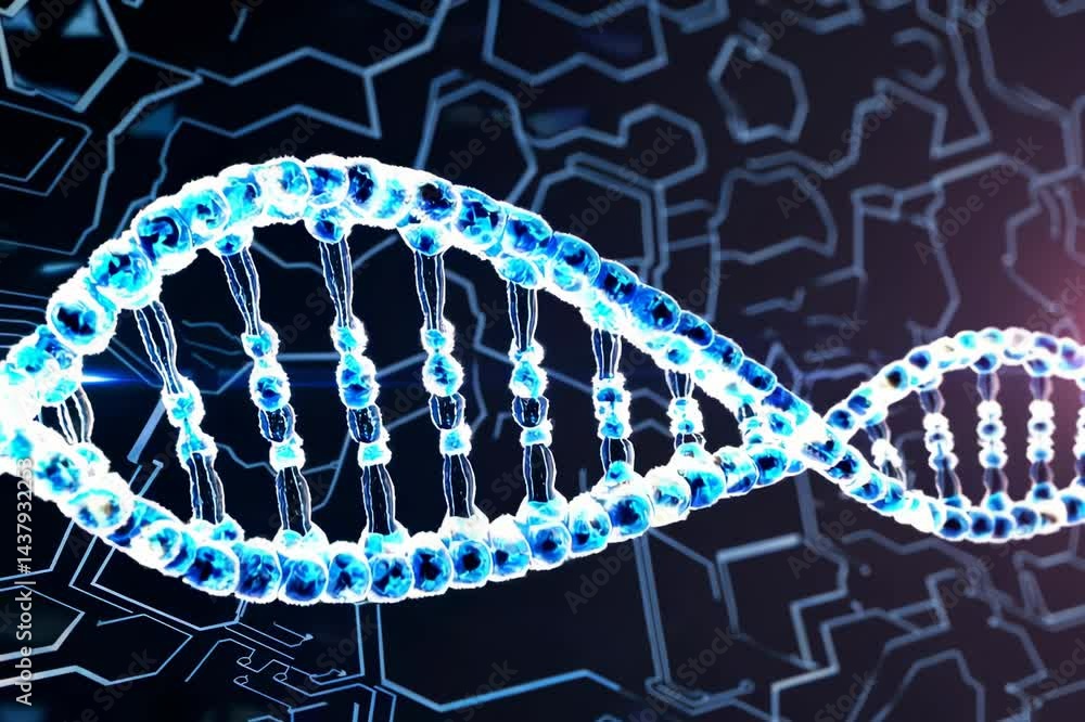 Aufkleber the concept of abstract technology and science is represented by a glowing dna code structure, set a