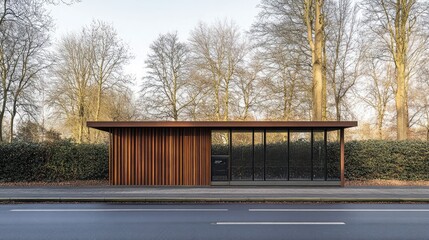 Obraz premium Sleek bus stop structure featuring wood and steel materials, captured in warm afternoon tones