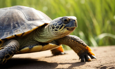 Obraz premium A close-up view of a turtle perched on a rock, highlighting its shell and facial features