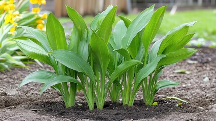 Fototapeta premium Turmeric plants with broad green leaves growing tall in tropical farm conditions with visible moisture in the soil