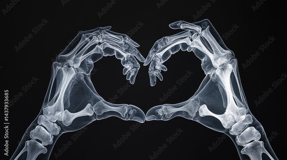 Poster artistic x-ray of hands creating a heart gesture, highlighting each bone against black background