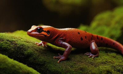 Fototapeta premium A bright red and black lizard perched on a moss-covered rock, with a natural environment background