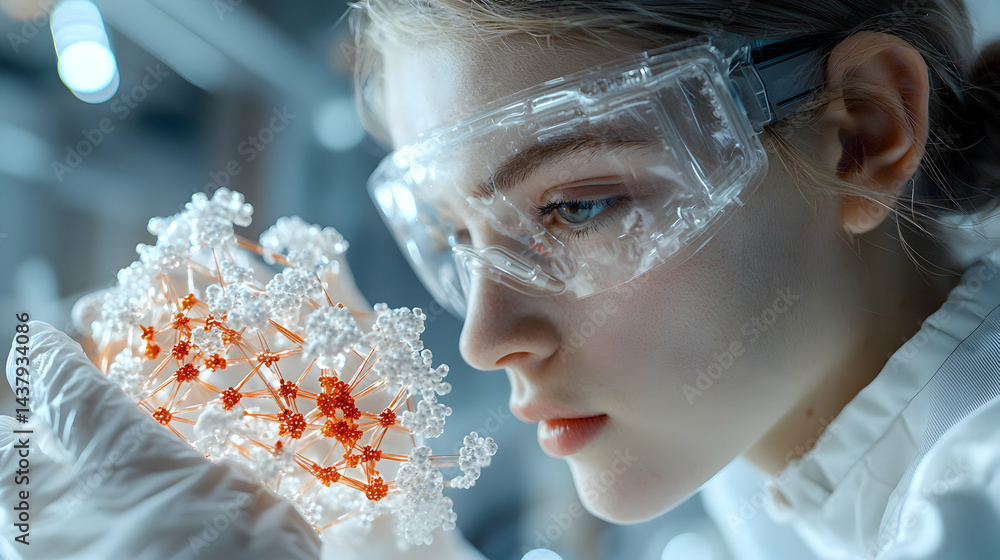 Poster a scientist examines a molecular structure. ideal for science educational materials. it can be used 