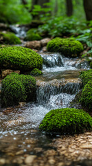 Cascading creek with moss-covered rocks in a lush forest. Use nature background
