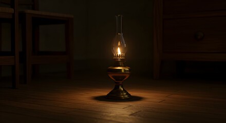 Glowing Kerosene Lamp Casting a Warm Light In the Dark Room