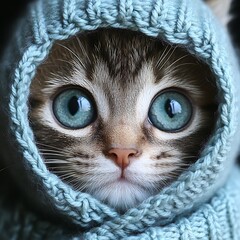 Adorable kitten with bright blue eyes peeking from a cozy knitted hood