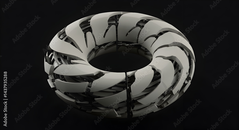 Poster abstract structure with geometric elements floating in empty dark space