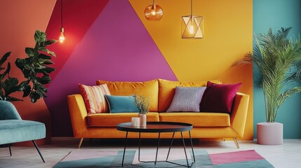 Vibrant, colorful living room interior with modern furnishings.