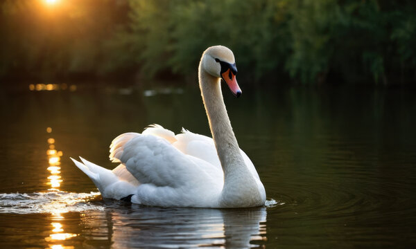 A beautiful white swan gliding through the water at sunset, serene and peaceful scene