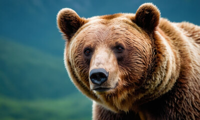 Obraz premium A large brown bear stands on the top of a lush green hillside