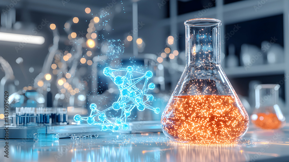 Poster an artistic depiction of scientific research. shows a laboratory flask and molecular structures with