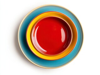 Colorful Stacked Ceramic Bowls and Plates on White