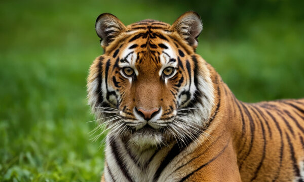 A close-up view of a tiger's face blending into the surrounding grass