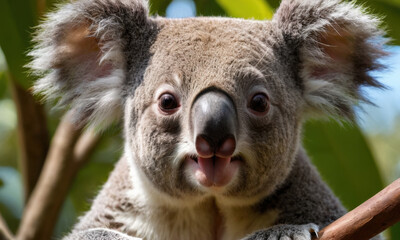 A close-up view of a koala sitting in a tree, with its fur and paws visible