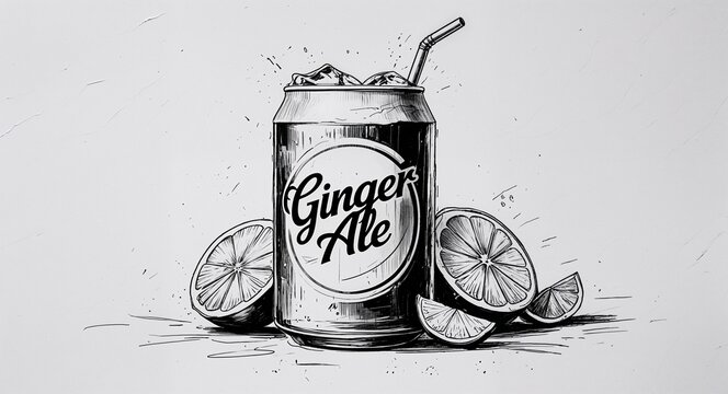 Ginger ale drink design in sketch hand drawing black and white on plain white background