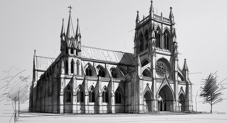 Gothic cathedral building design in sketch hand drawing black and white on plain white background