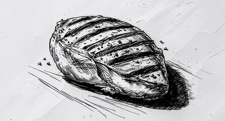 Grilled chicken breast food design in sketch hand drawing black and white on plain white background