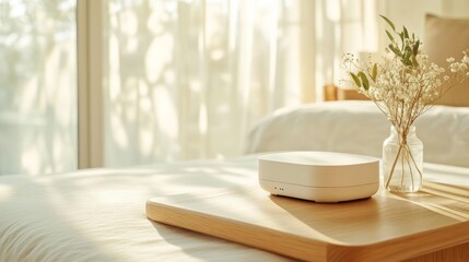 Smart device enhances a cozy living space with natural light and a touch of greenery