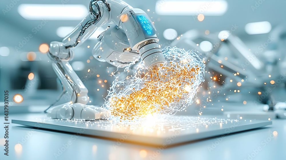 Poster a futuristic robotic arm processes data within a digital sphere. this image suggests applications in