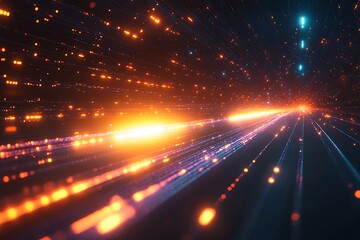 Naklejka premium Glowing lines converge in a dark, particle-filled space