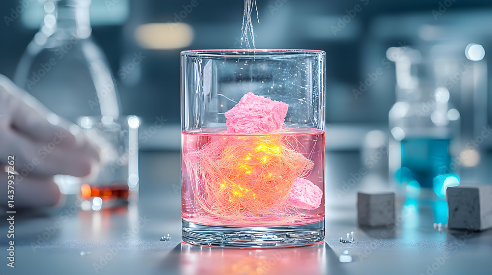 Poster laboratory experiment with pink solution in a glass. likely involves material science investigation 