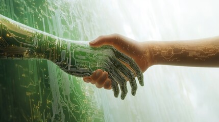 Human and robotic hands shake, symbolizing AI collaboration and technological advancement.